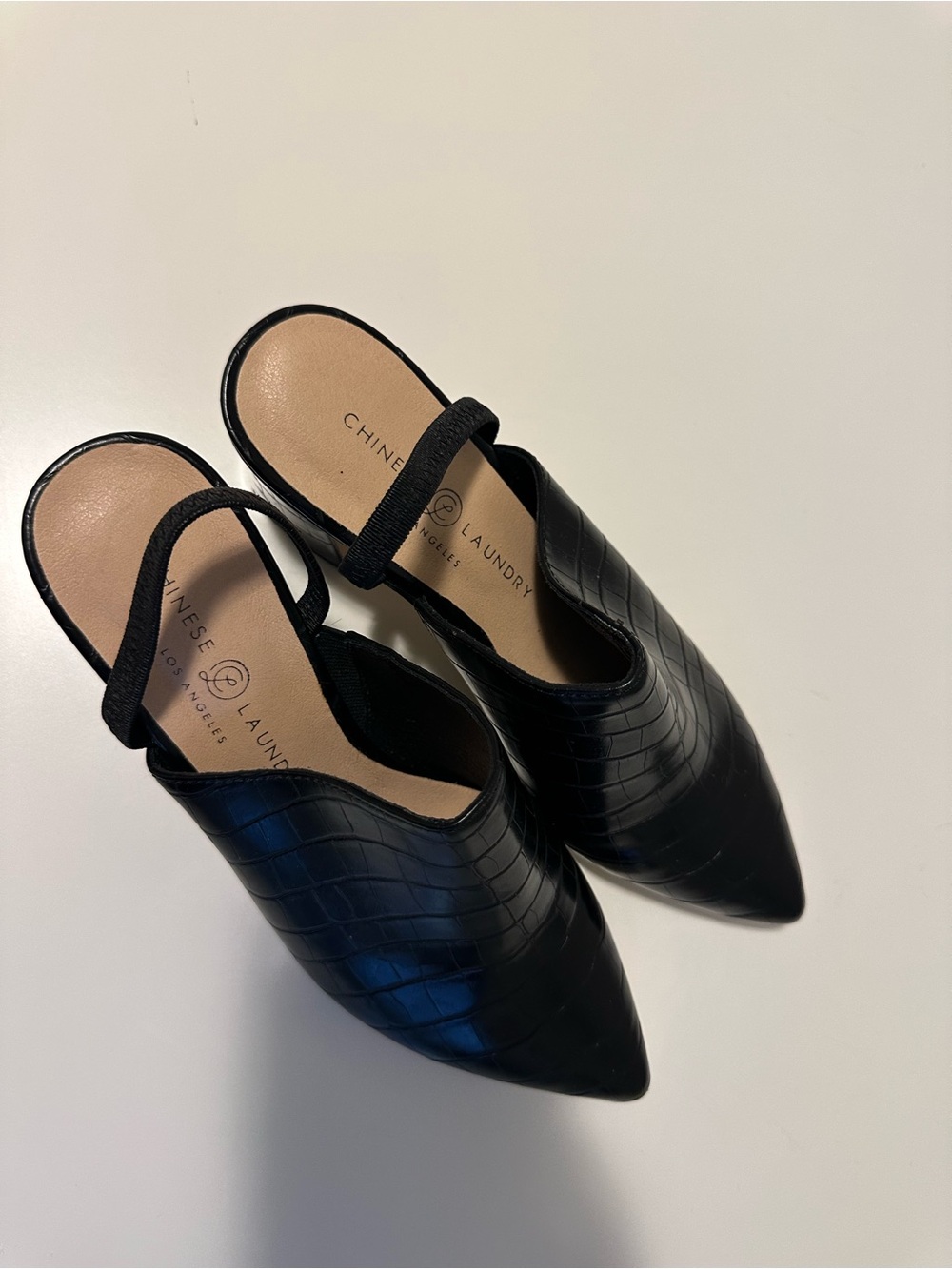 Chinese Laundry Black Croc Embossed Slingback Block Heel Mules | Pointed Toe - Picture 2 of 16